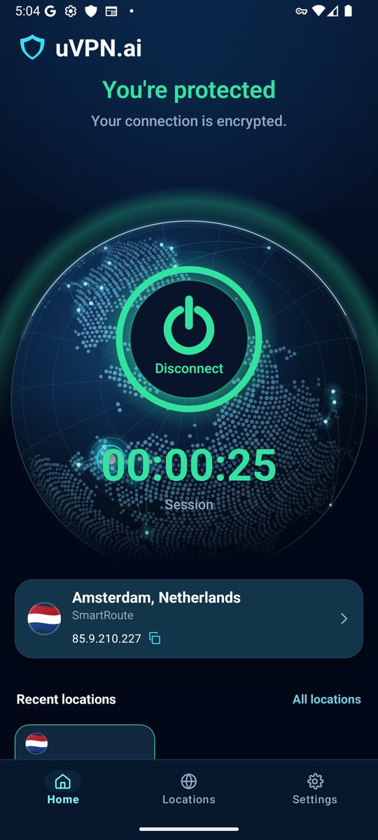 uVPN.ai connected on Android, showing an encrypted session and the chosen location