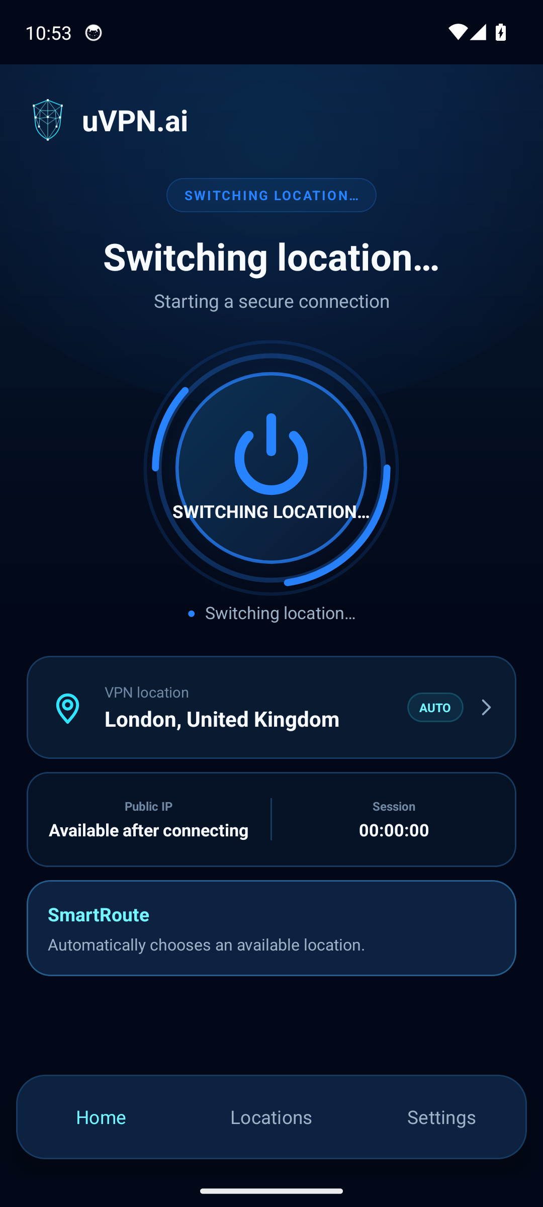 uVPN Android app switching to a secure London connection