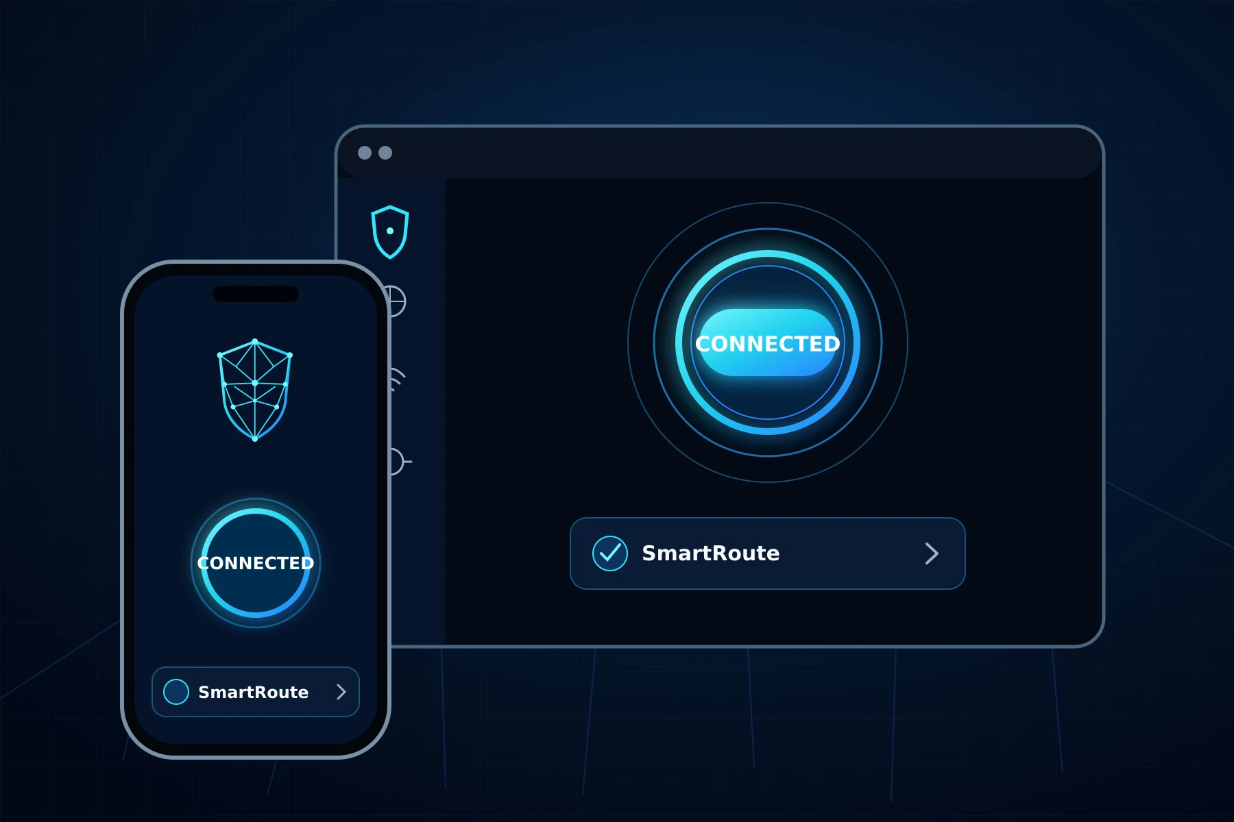 uVPN connection interface showing a connected device with SmartRoute selected