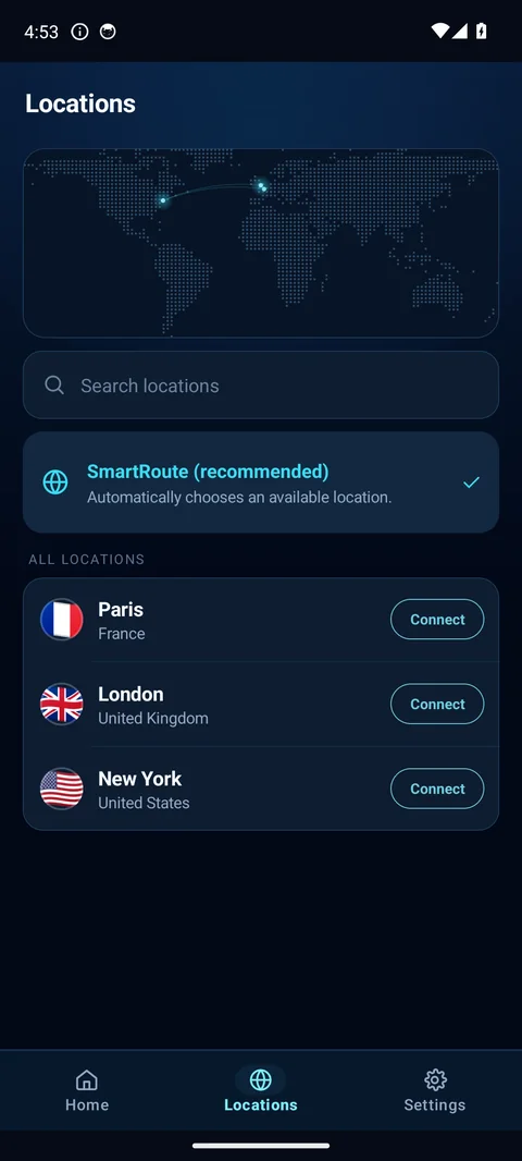 Il selettore di località di uVPN, con le località attualmente pubblicate